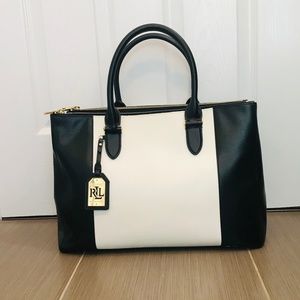 Lauren Ralph Lauren Black and White Color Block Large Satchel Handbag